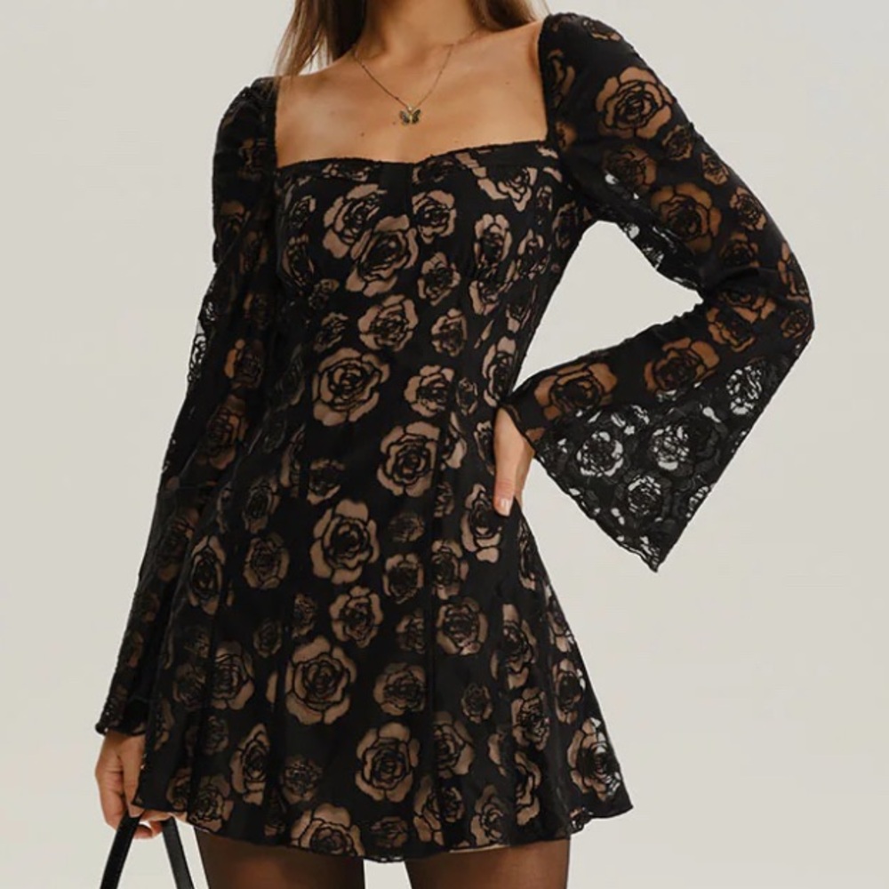 Black See Through Bell Sleeve Dress L